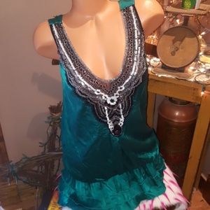 Bebe silk beaded smocked ruffle top XS FINAL $ ⬇️